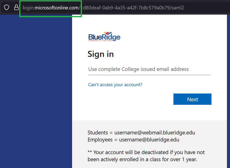 Picture of Microsoft Login page highlighting the URL in the address bar