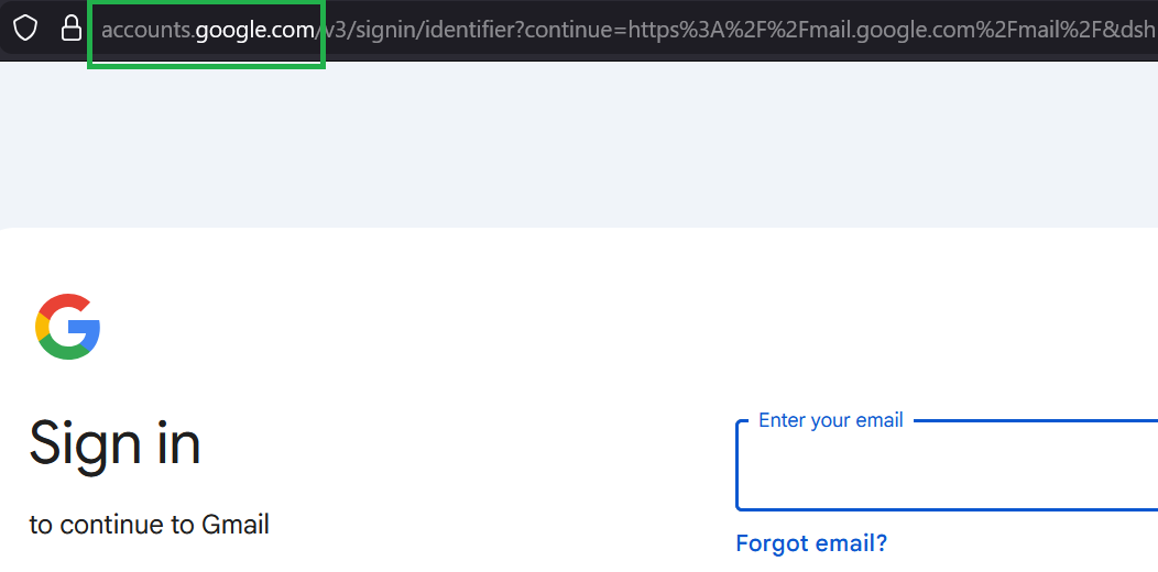 Picture of Google Login page highlighting the URL in the address bar